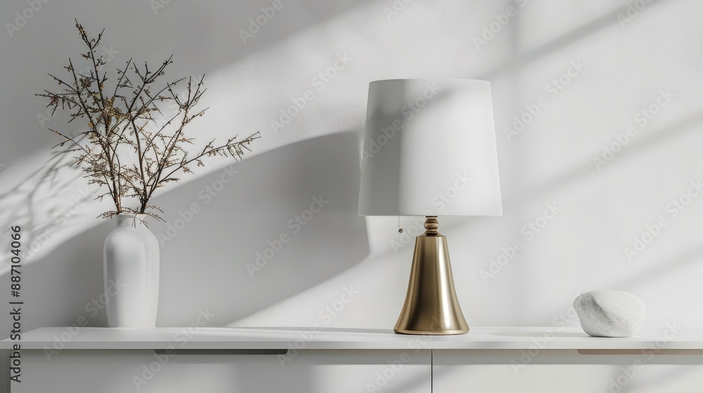 Poster gilded lamp on white table in gray setting