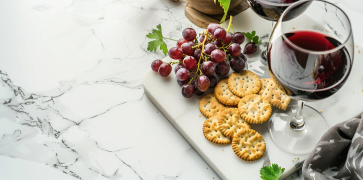 Wine, grapes, and crackers on marble table