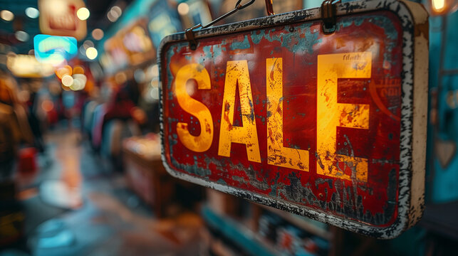 Close up of "sale" sign on store, background with hanging in the shop