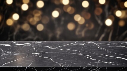 Empty black  marble tabletop with golden light bokeh background for product display. luxury background for luxury product stand with  copy space for party, advertisement