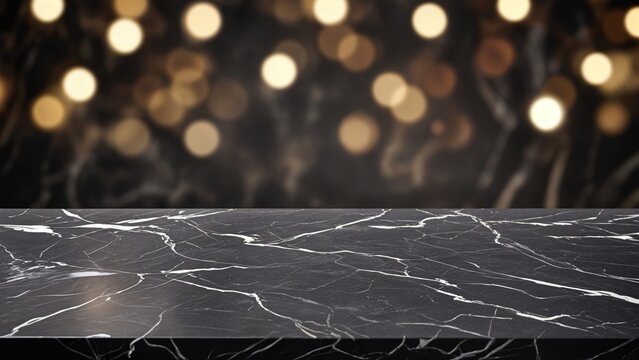 Empty black  marble tabletop with golden light bokeh background for product display. luxury background for luxury product stand with  copy space for party, advertisement