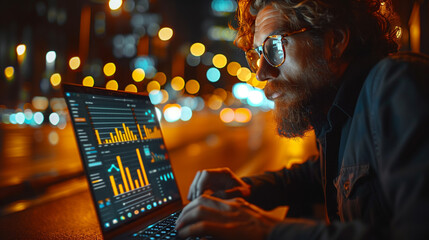Businessman using a laptop with marketing data and analytics on screen in a close-up shot