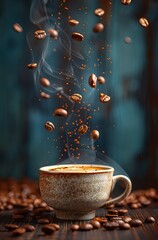 A cup of coffee with a lot of coffee beans in the air