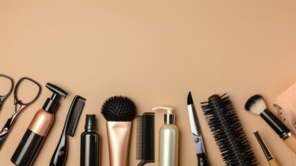 Various hair styling tools on beige surface top view Room for text