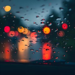 Raindrops on a window creating a beautiful bokeh effect with city lights.