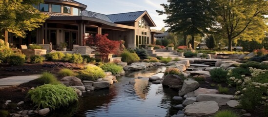 Obraz premium Tranquil Stream in a Lush Garden Setting