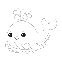 Cute Cartoon Whale Line Art For Kids Coloring Page.