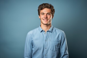 Obraz premium A young man is smiling and wearing a blue shirt