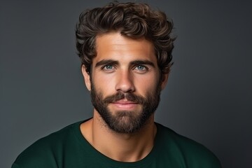 Obraz premium A man with a beard and a green shirt is smiling