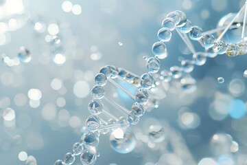 A close up of a DNA strand with many small water droplets surrounding it