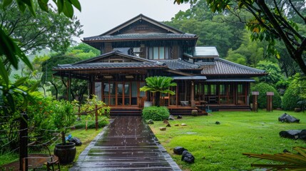 Fototapeta premium beautiful Japanese kiosk style house on a rainy day on a farm