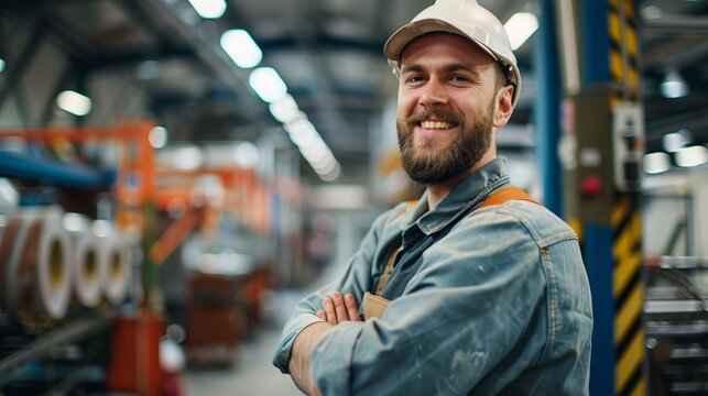 A cheerful construction worker wearing safety gear, including a hard hat, smiles confidently on a construction site, conveying positivity, safety, and hard work.