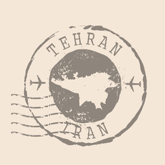 Stamp Postal of  Tehran. Map Silhouette rubber Seal.  Design Retro Travel. Seal of Map Tehran grunge  for your design. Islamic Republic of Iran. EPS10