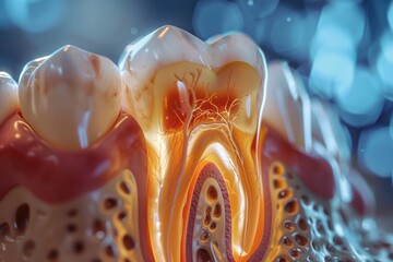Anatomical intricacy: tooth structure, nerve, with a visible cartilaginous stage, detailed layers and components of a tooth, emphasizing the complex interplay of dental anatomy