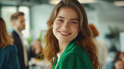 Obraz premium A young happy businesswoman in a refreshing green outfit meets with her colleagues in the office, showcasing teamwork and positivity