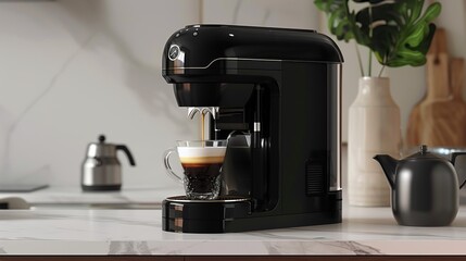 A sleek, modern black espresso machine brewing a cup of coffee on a clean, white kitchen countertop, showcasing a minimalistic and elegant design.