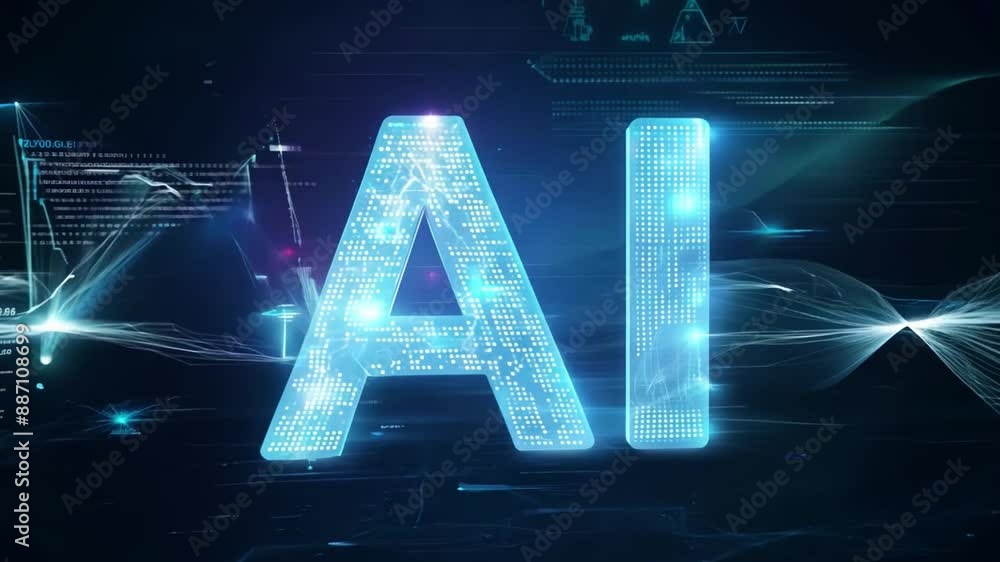 Aufkleber the letters ai glow brightly in blue against a dark background of swirling digital data and code.