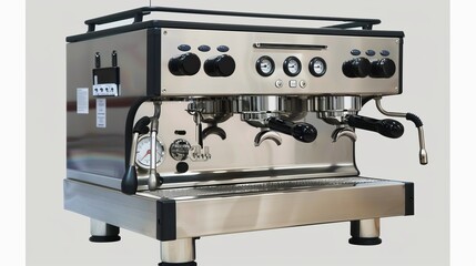 A powerful commercial espresso coffee machine in gleaming stainless steel with multiple dials, levers, and group heads, designed for high-volume coffee production.