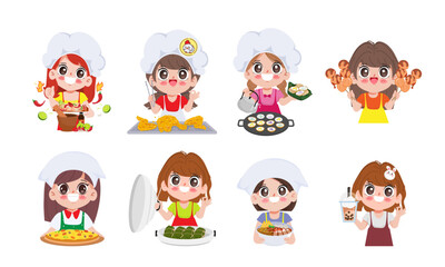 Set of cartoon cute Thai chef with street food logo for sticker label design. illustration vector premium.