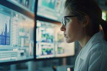 Focused Female Analyst in Blue Light Studying Data Charts on Monitors - Technology Stock Photo