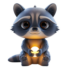 Fototapeta premium Cute cartoon raccoon holding a glowing light in its paws, perfect for children's illustrations and animations.
