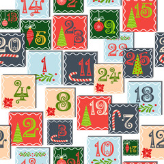 Christmas advent calendar seamless pattern with gnome, candy kane, mistletoe, cookies, holiday, candle, gift, box, Christmas wreath, boots, Christmas tree toy