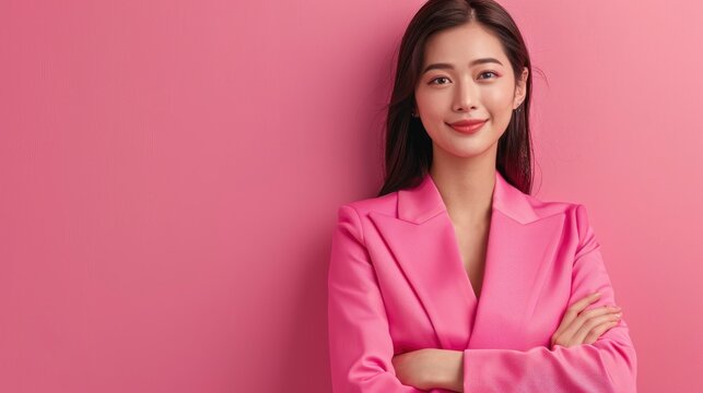An Asian businesswoman in a cheerful pink outfit poses confidently against a matching pink background, reflecting vibrancy and elegance