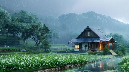 Fototapeta premium beautiful Japanese kiosk style house on a rainy day on a farm