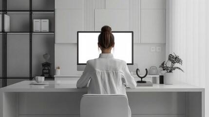 A back view of a businesswoman in a crisp white outfit using her laptop at her home office, with a blank white screen ready for creativity