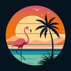 Tropical Flamingo and Palm Tree Circle T-shirt Design: Summer Vibes