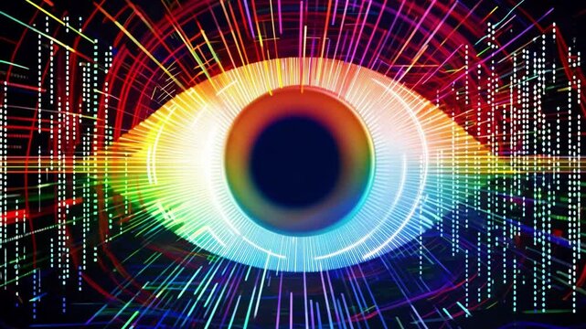An abstract digital eye with a rainbow of lines and dots.