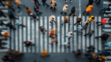 A dynamic top-down image capturing numerous pedestrians walking across a busy street zebra crossing, illustrating movement and urban life in full swing from above.