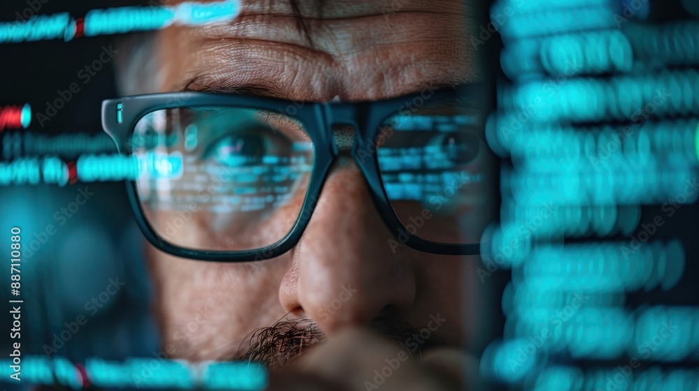 Poster a detailed close-up of eyeglasses reflecting lines of code on a computer screen, illustrating the co