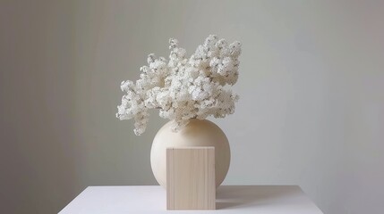 Two metal buckets filled with white lilac flowers sit on a white wooden shelf, accompanied by a white picture frame with a candle inside