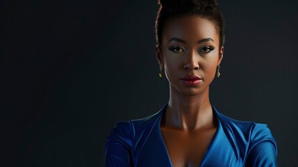 A Black ethnicity female professional businesswoman in a blue dress, showcasing diversity