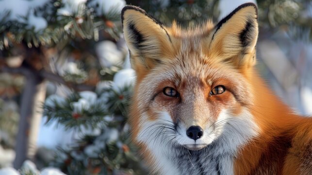 Close up portrait of a red fox with pine trees in the background making eye contact