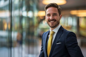 Fototapeta premium Smiling Caucasian Businessman in Blue Suit and Yellow Tie - Corporate Success Concept