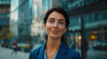A businesswoman in a calming blue outfit smiles confidently in the city, blending professionalism with urban energy
