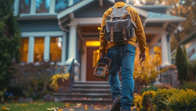 Back of professional handyman or repairman with bag and tools walking into the front door house

