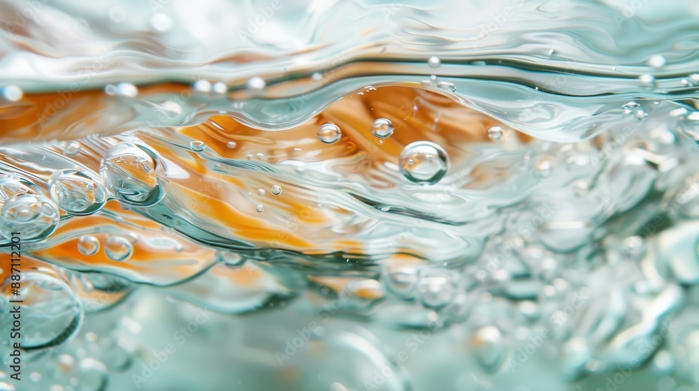 Poster a dynamic close-up of flowing water that showcases bubbles intertwined with flowing currents, highli