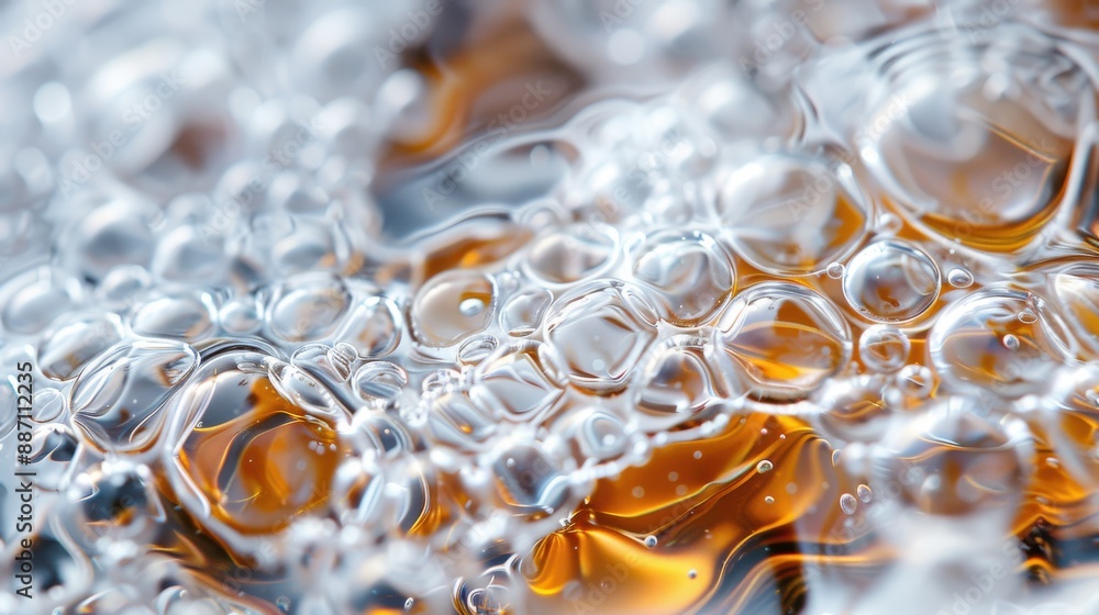 Poster a close-up view of a bubbly water surface, capturing the intricate texture of bubbles and the dynami