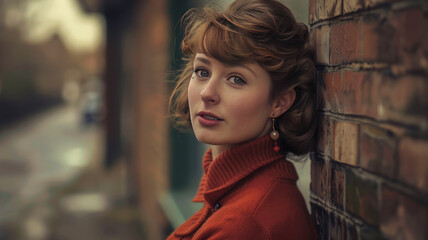 Obraz premium Young beautiful british woman in 1964 attire playful charm, confident demeanor wide shot.generative ai