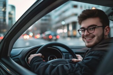 Obraz premium Smiling Young Man Driving Car - City Street Transportation Lifestyle