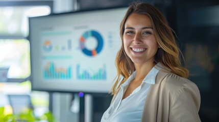 Smiling Young Caucasian Woman Business Presentation Success Charts Data Analytics
