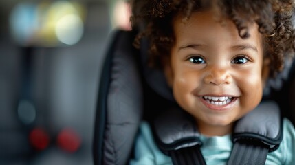 Adorable child with curly hair and bright eyes smiles while sitting securely in a car seat, capturing a charming and joyful moment of innocence and happiness.