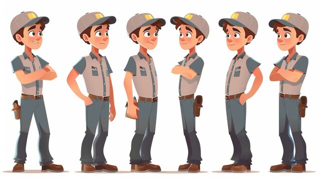 A 3D animated male character is presented in a handyman uniform, featuring multiple perspectives including front, side, and back views, ready for various utility tasks.
