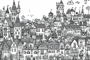 Intricate hand-drawn cityscape with whimsical doodles in a monochrome sketch