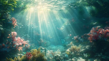 Fototapeta premium A lush, sun-dappled coral reef showcasing a variety of corals and an abundance of marine life, with sunlight streaming through the water illuminating the underwater scene.