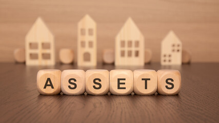 wooden blocks spelling 'ASSETS' with house cutouts, representing the intersection of law and real estate