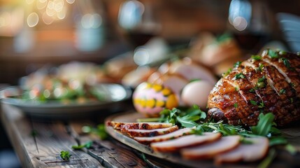 A beautifully decorated festive table featuring sliced ham garnished with herbs, colorful Easter eggs, and a variety of food items, appearing lively and inviting for celebration.